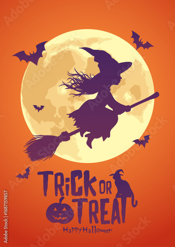 witch flying with broom in front of full moon halloween themed trick or treat card illustration