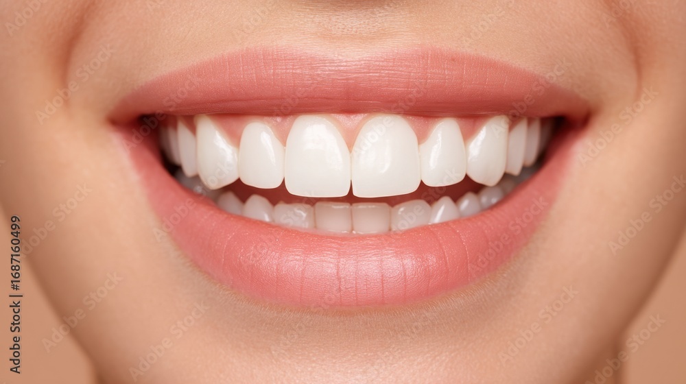 Fototapeta premium Beautiful smile showcasing bright white teeth and healthy gums, close-up of mouth with natural lip color, conveying joy and confidence in oral health and aesthetics