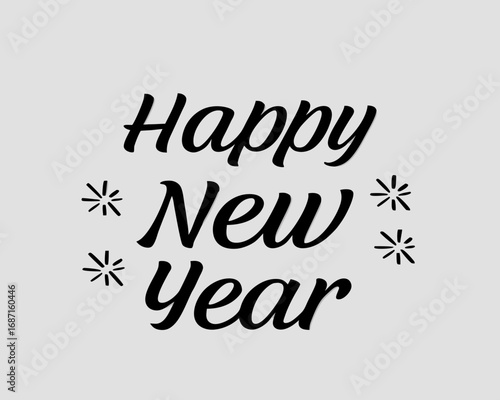Happy New Year text with starbursts on a light gray background lettering typography