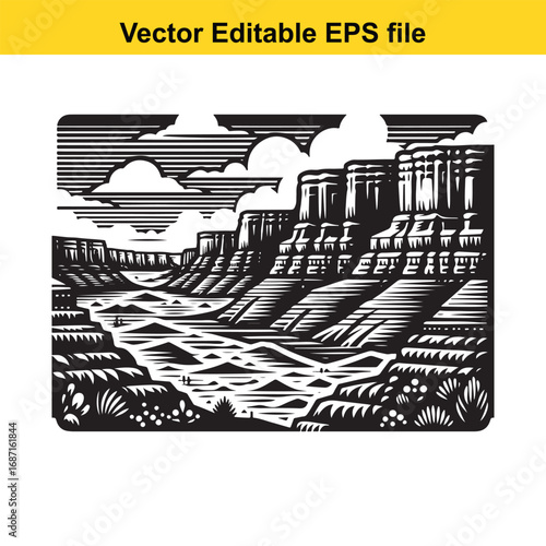 Vector illustration of a grand canyon landscape with river and clouds