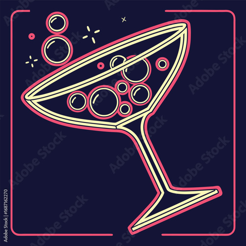 A stylized illustration of a martini glass filled with effervescent bubbles and a festive sparkle effect, outlined in neon pink and yellow against a deep navy blue background