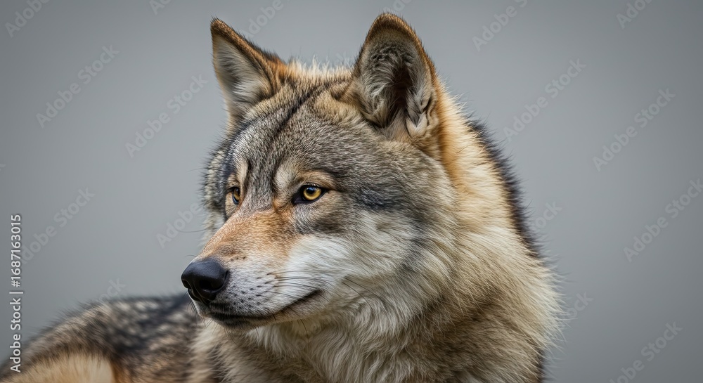 Obraz premium A closeup of a wolfs head featuring gray and tan fur pointed ears amber eyes and a dark nose against a blurry gray background