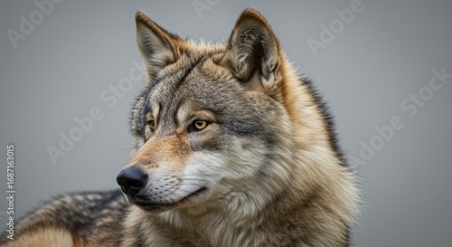 A closeup of a wolfs head featuring gray and tan fur pointed ears amber eyes and a dark nose against a blurry gray background