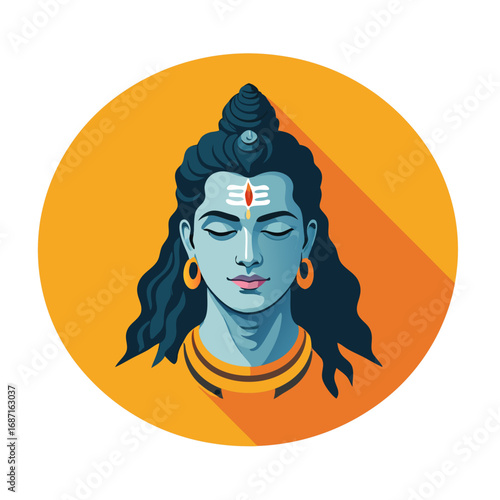 Lord Shiva face illustration with third eye and serene expression.