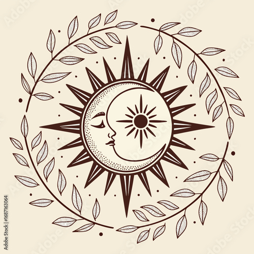 A celestial illustration features a stylized sun and moon with a human face, encircled by a delicate wreath of leaves and dots