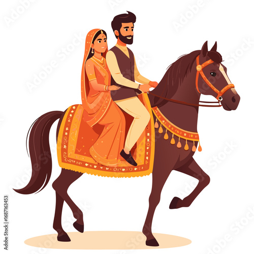 Traditional Indian Couple Riding a Decorated Horse Together.