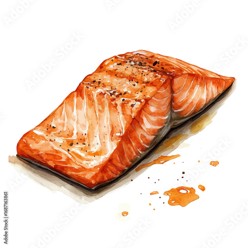 watercolor of Grilled Salmon, vector, isolated on a white background.