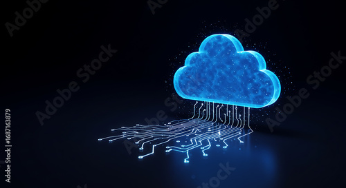 Digital Cloud Connection: An illuminating digital rendering of a cloud, interconnected with a circuit board. Representing connectivity, this conceptual imagery conveys cloud computing.