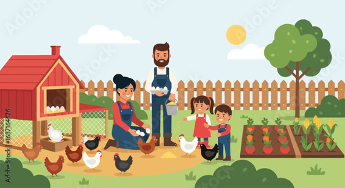 A cheerful family works together on their farm, feeding chickens, collecting fresh eggs, and tending to their vibrant vegetable garden under the sunny sky.
