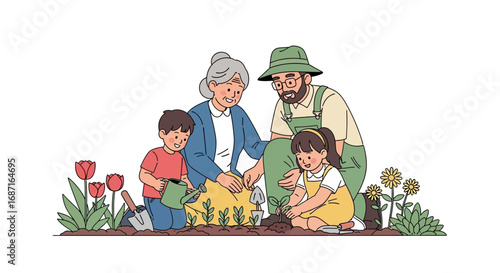Grandparents and grandchildren planting seedlings in a garden, with tulips and dandelions blooming nearby, enjoying a sunny day.