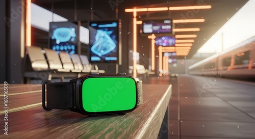 A smartwatch with a green screen rests on a bench at a train station, waiting.