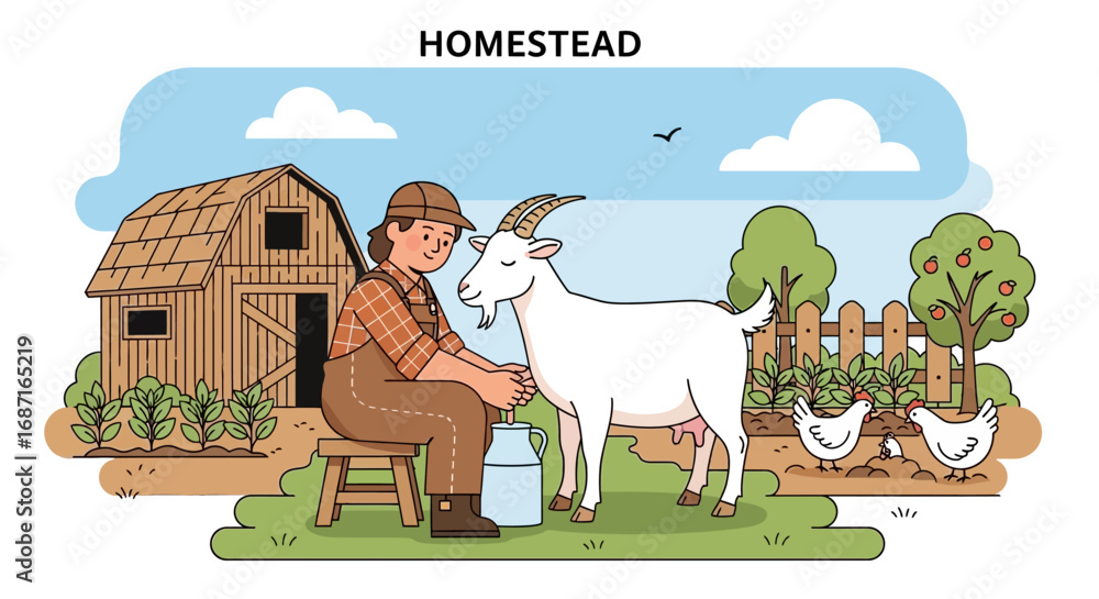 Naklejka premium A farmer sits on a stool milking a white goat into a can on a rural homestead with a barn and chickens.
