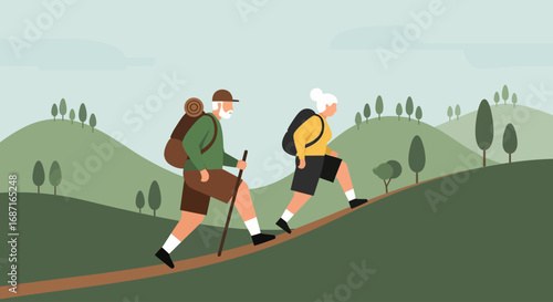 An active senior couple enjoying a challenging uphill hike on a scenic dirt path amidst green hills.