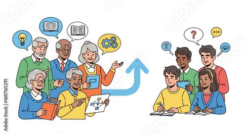 Elderly mentors sharing knowledge and experience with a younger generation, fostering learning and growth.