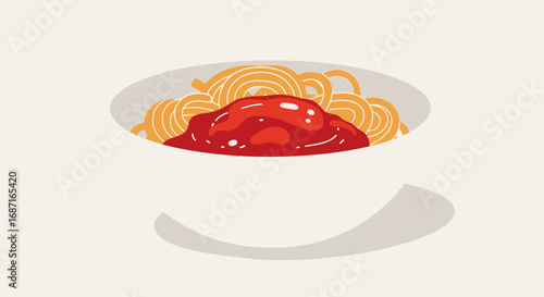 A minimalist illustration of a white bowl of spaghetti pasta topped with a vibrant red tomato sauce.