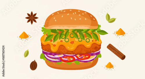 A vibrant illustration of a gourmet fusion burger with a crispy patty, cheese, and vegetables, surrounded by aromatic Indian spices.