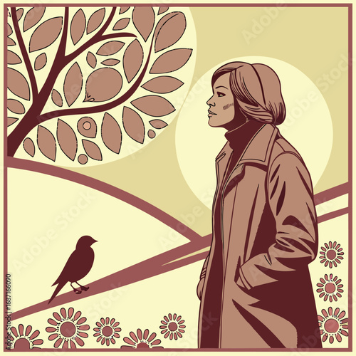 A woman in a trench coat stands in profile, looking towards a small bird perched on a branch, with stylized trees and flowers in the background