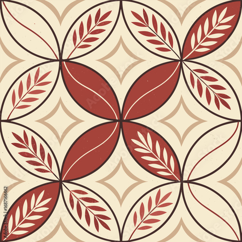 A repeating pattern of stylized leaves in deep red and beige, forming a geometric floral motif with a vintage aesthetic