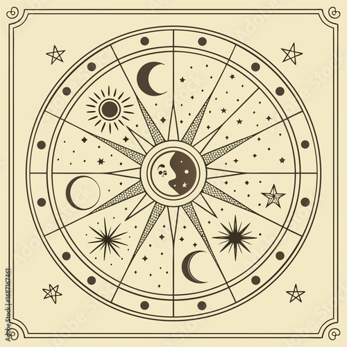 An intricate celestial astrology wheel featuring a sun and moon face at its center, surrounded by stars, crescents, and geometric patterns, evoking a sense of cosmic mystery and ancient wisdom