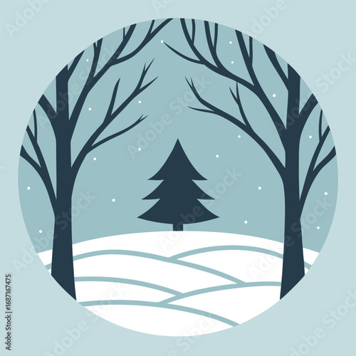 Winter forest scene with snow and bare trees Keywords: winter, snow, forest, trees, evergreen