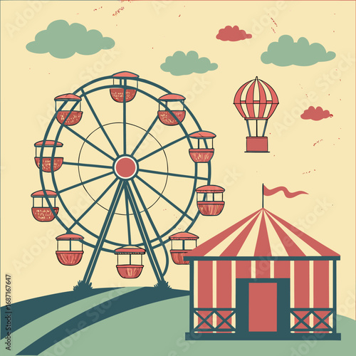 A vintage illustration depicts a whimsical carnival scene with a large ferris wheel, a hot air balloon, and a striped circus tent under a sky with stylized clouds