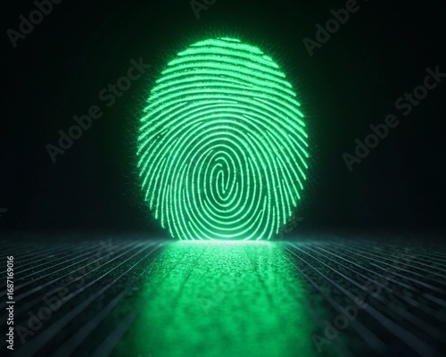 Digital biometric authentication Glowing green fingerprint scan for secure access and advanced identity verification technology