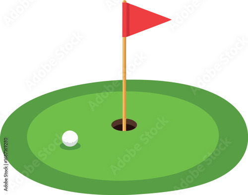 Golf hole green flag ball closeup dynamic action sport fun leisure activity vector