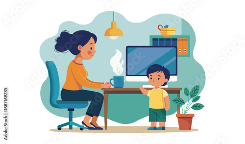 Mother working from home with child by her side