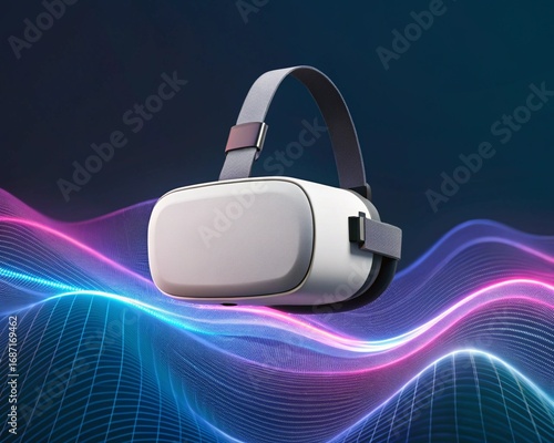 Immersive Virtual Reality Headset Floating Above Digital Waves in Futuristic Sci-Fi Environment