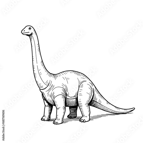 Cartoon dinosaur sketch with long neck and tail on white background  