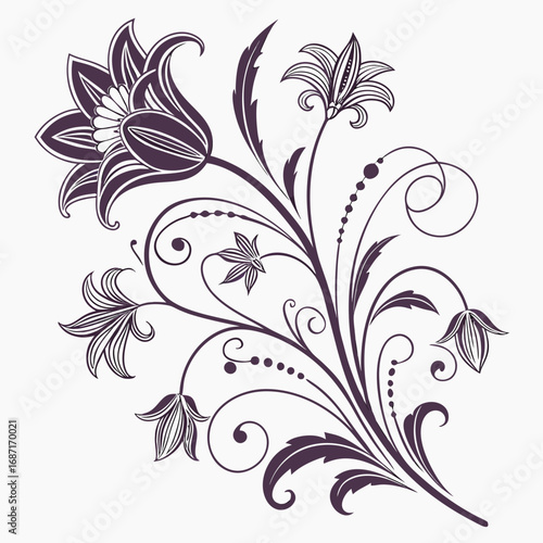 Elegant vintage floral ornament with stylized lilies and decorative swirl patterns