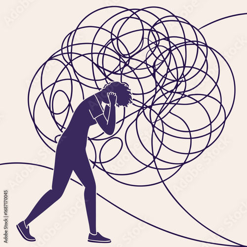 Conceptual illustration of anxiety and depression with a person and chaotic thoughts