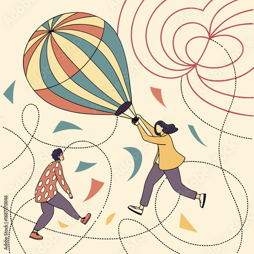 Young couple collaborating to control a large hot air balloon on a whimsical, adventurous journey