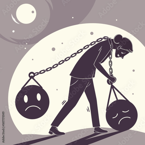 A person chained to the heavy weight of negative emotions, symbolizing depression and anguish