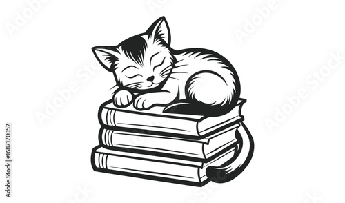 Cute kitten sleeping peacefully on a stack of books