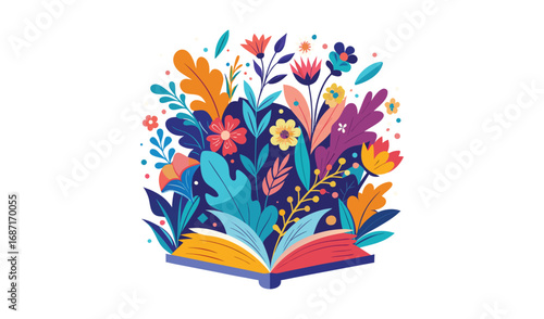 Open book with vibrant flowers and leaves blooming from pages