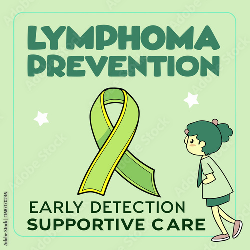 An educational drawing about cancer awareness, showing a lime green ribbon for lymphoma support