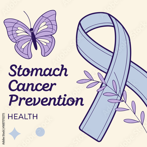 Symbolic periwinkle ribbon and butterfly representing hope for stomach cancer awareness