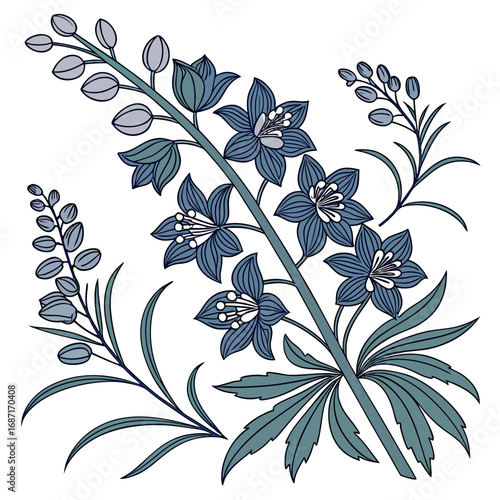 Elegant vintage illustration of a blue Delphinium flower stem with leaves and buds
