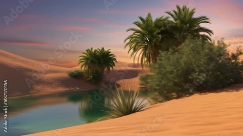 Serene Oasis Desert Sunset, Palm Trees, Water Reflection, Sand Dunes