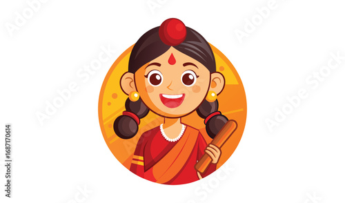 Happy cartoon indian girl character smiling wearing traditional clothing