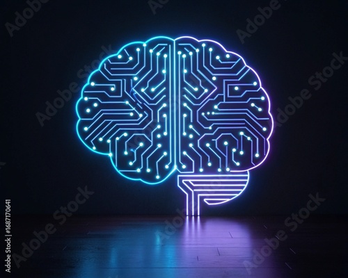 Futuristic digital brain hologram with glowing neon circuit pathways representing AI technology