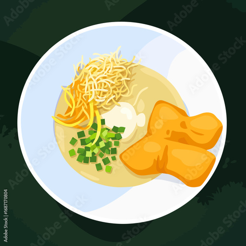 An illustration of a traditional Asian breakfast featuring a bowl of rice porridge (congee) with a soft-boiled egg, topped with chopped green onions and shredded ginger. On the side, crispy golden Chi