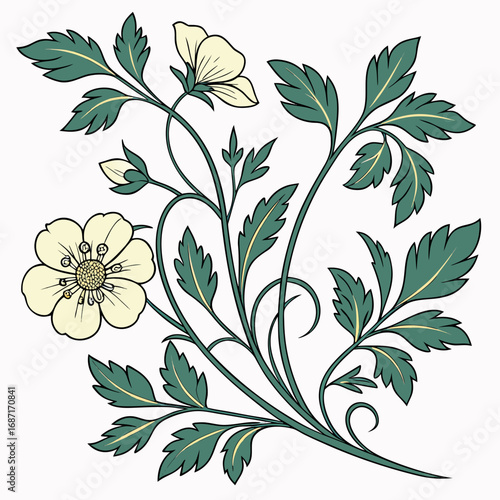 Vintage Art Nouveau style botanical illustration of a white flowering plant with green leaves
