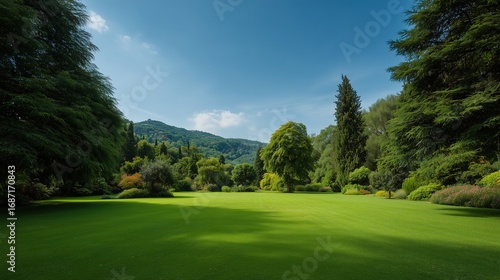 Lush green landscape under a clear blue sky with trees
