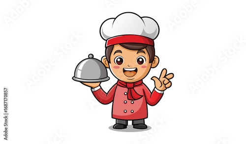 Happy cartoon chef holding a silver cloche dish and waving