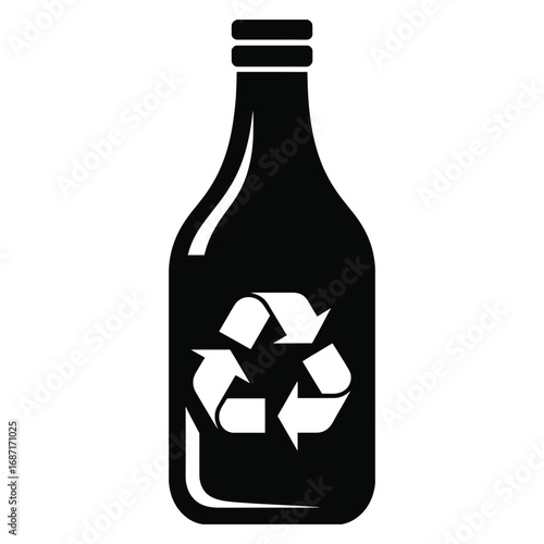 Black silhouette of a glass bottle with white recycling symbol silhouette
