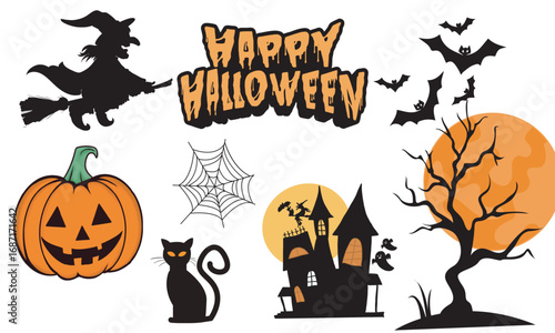 Spooky Halloween Elements: A vibrant collection of Halloween elements, including jack-o'-lanterns, bats, and haunted houses, evokes the spooky atmosphere of the holiday, perfect for designs.