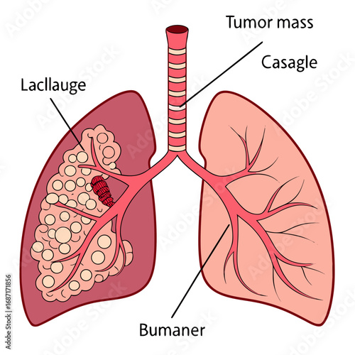 A detailed medical illustration of prostate cancer, showing a cross-section of the gland and malignant tumor cells