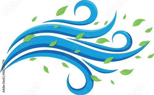 Dynamic blue wind swirls with falling autumn leaves in vibrant motion vector